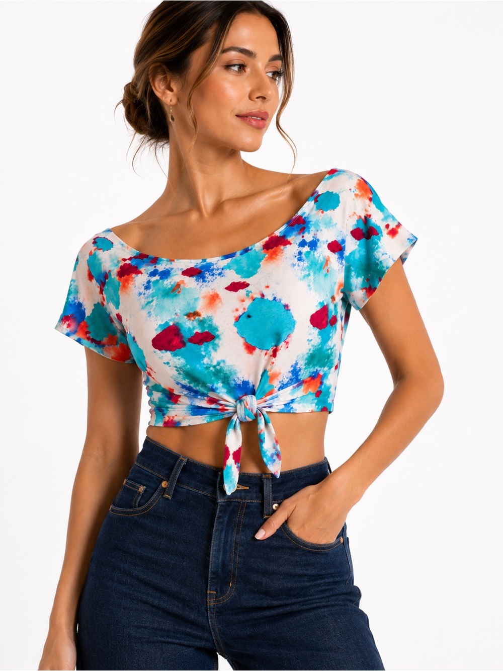 ASOS Tie-Front Crop Top in Aqua Multi Print